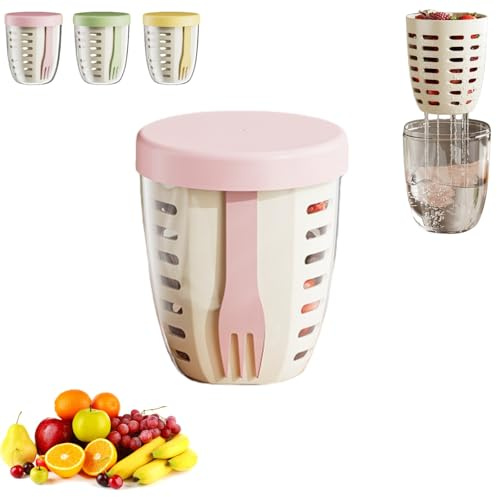 Genérico Vaso para Frutas y Verduras,Recipiente con Colador y Tenedor, Caja de Preparación de Alimentos con Tapa Hermética, Ligera, a Prueba de Fugas y Reutilizable para Viajes (Rosa)