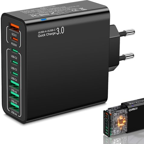 Cordialk 8 in 1 Waterproof Ports USB Fast Charger, 4USB+4PD Multi-Port Charging Station. High-Speed Hub Power Block with Outlet Plug, Automatic Power Off When Overioad (Black)