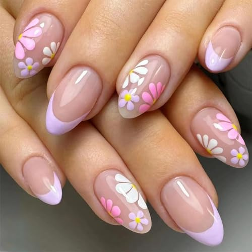 Transparent Oval Almond Press On Nails With Glossy Finish - Short French Tip Floral Design In Lilac, Pink And White Blossoms, Sweet Spring Aesthetic ABS Stick On False Nails For Women