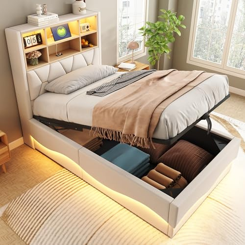 Oslghy Polsterbett 90x200 cm, Einzelbett mit LED und USB-Port, Stauraumbett mit Stauraum Lagerregal Kopfteil, Hydraulisch Jugendbett mit Lattenrost aus Metallrahmen, Leinen, Beige, ohne Matratze