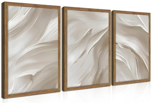 Wood Framed Beige Abstract Wall Art Set of 3, Large Modern Abstract Texture Wall Decor Paintings, Neutral Minimalist Posters Prints Pictures for Living Room Bedroom Office Home Decor 12x16 Inch