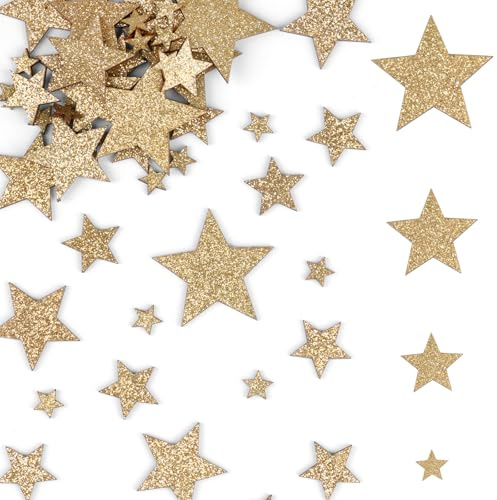 50 Stück Holzsterne Streudeko Glitzer Sterne, 4 Größen Holz Basteln Konfetti, Sterne Tischdeko Weihnachten für Hochzeit, Geburtstag Party, Jubiläum Tisch Deko (Gold 5 Eckig)