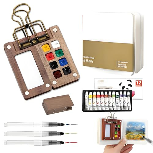 Pack of 7 Includes 3 Watercolour Brushes Sketchbook Watercolour 8 Grids Mini Wooden Travel Painting Palette Nano Palette Watercolour Sketchbook Palette Wooden Mini Watercolour Set Watercolour Palette