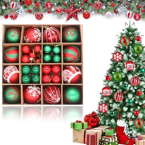44PCS Christmas Baubles Set ，Red and Green Shatterproof Ornaments for christmas tree decorations, Hanging Baubles Balls for Holiday, Party, Home Décor