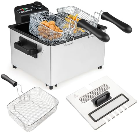 COSTWAY 5L Deep Fat Fryer, 2000W Stainless Steel Deep Fryer with 3 Removable Baskets, Adjustable Temperature & Viewing Window, Easy Clean Electric Chip Fryer for Fish, Chicken & Chips