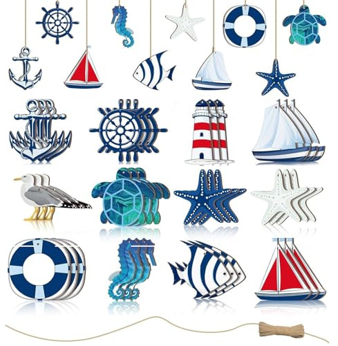 LIULINY 36 Teiliges Set Maritime Dekoanhänger, 12 Verschiedene Muster Deko Maritim, Verstellbare Länge Maritime Dekoration, Maritim Wanddeko Nützlich für Raumdekoration und Geschenke (Blau)