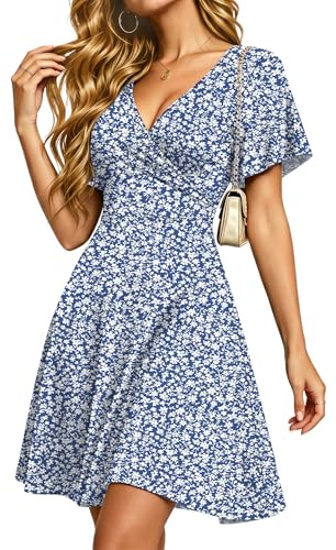 PLMOKEN Vestidos de Verano para Mujer Vestido Sexy con Cuello en V y Manga con Volantes Vestidos de Playa con Bolsillos Flor Gris azulada L