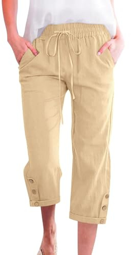 CMTOP Pantalones Mujer Verano Algodón 7/8 Pantalon Cintura Elástico Casual Pantalones Anchos Suelto Cómodos Flojo Playa Pantalón Pirata con Bolsillos (Caqui, M)