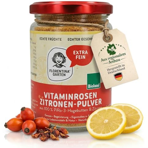 FLORENTINAS GARTEN Hagebutten-Zitronenpulver aus deutschem Anbau – 180g im Glas – Erfrischendes Superfood-Duo für Immunsystem & Glow – Natürliche Vitamin-C-Quelle – Premium Qualität