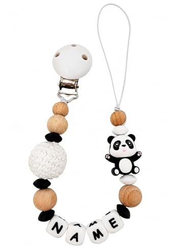 Individuell gestaltetes Babygeschenk personalisiertes Schnullerkette mit Namen für Mädchen oder Junge Baby Geschenk personalisiert zur Geburt & Taufe (Panda weiß)