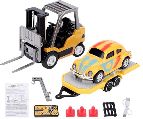 SUNGOOYUE Carrello Elevatore Telecomandato in Scala 1:64, Giocattolo per Veicoli da Costruzione RC in Lega da 2,4 GHz con Piastra di Sollevamento Forca, Rimorchio, Luci, Suono, per Bambini (Terra