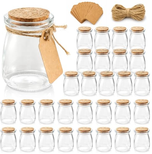 GREENSAPPIRE 20/30 Pack Glass Yogurt Jars with Cork Lids – 100ml Clear Glass Pudding Jars with Labels & Twine, Storage Containers for Yogurt, Pudding, Milk, Jam, Honey, Mousse & Wedding Favors (30Pcs)