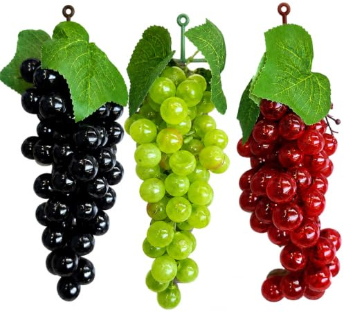 FuYelng 3 Piezas Uvas Artificiales, 21 * 8 cm Uvas de Plástico Suave Frutas | Decoración Hogar Fiestas Bodas Accesorios para Fotografía y Manualidades (Rojo Negro Verde)