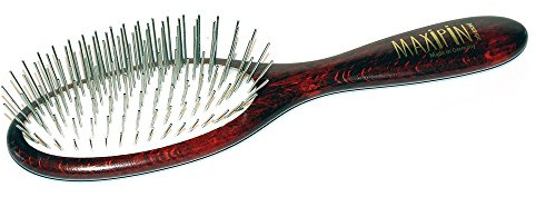 Hunde Fellbürste Maxipins advanced mit langen abgerundeten Metall Pins, die kleinere ovale Bürste ist auch für Katzen und andere Haustier Felle geeignet, aus gebeiztem Holz, ca. 18,5 x 5 cm