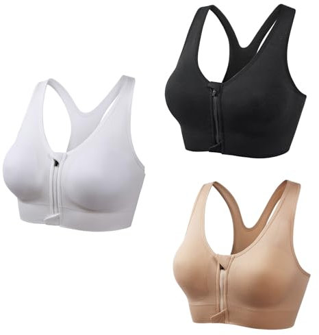 Hotgreenpepper 3 Pack Women's Sports Bra Zip Post Bra with Removable Pads (UK, Alpha, XL, Regular, Regular, Black+White+Nude)