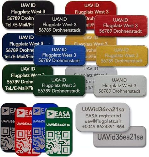 UAV-ID Drohnen-Kennzeichen | Blau 20x8mm | Aluminium Lasergraviert | Selbstklebend |E-ID Registrierungsnummer| Plaketten Aufkleber