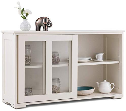 Costzon Sideboard Buffet Cabinet, Wooden Kitchen Storage Cabinet with Adjustable Shelf, Sliding Glass Doors, Accent Coffee Bar Cabinet Console Table for Living Room, Dining Room, Hallway (Cream White)