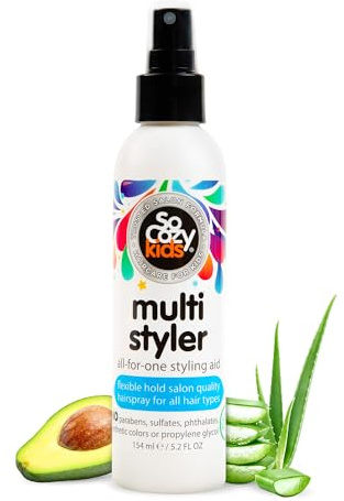 SoCozy Multi Styler, Styling Hair Spray for Kids, Safe for Everyday Use (5.2 Fl Oz) Holds Like a Light Gel, Gentle Formula with Quinoa, Vitamin B5 & Aloe, No Parabens, Sulfates or Synthetic Colors