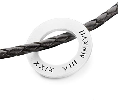 Herren Kette Männer Halskette Gravur personalisiert MESSAGE RING DATES Lederkette für Ihn mit Silberring Datum römische Zahlen Ziffern