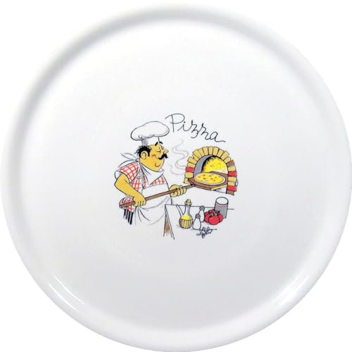HENDI Plato de Pizza Redondo en Porcelana Esmaltada con Motivo de Cocinero y Horno, Plato Tradicional para Servir Pizza, Apto para Microondas y Lavavajillas, ⌀330mm, Blanco