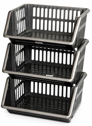 New Stacking Baskets Storage Veg Rack Plastic Stackers, Creme, Grey, Length 36 cm x Depth 30 cm x Height 17.5 cm (Grey, 3 racks)