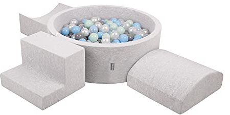 KiddyMoon Spielplatz Aus Schaumstoff Mit Rund Bällebad (200 Bälle) Ballgruben Für Babys Spielbad Hindernisläufen, Hergestellt In Der EU, Hellgrau:Perle/Grau/Transparent/Babyblue/Minze