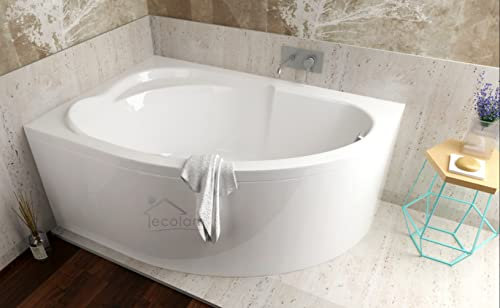 ECOLAM® Badewanne Wanne Eckwanne Eckbadewanne Acryl weiß Standard Polimat 130x85 cm LINKS + Schürze Ablaufgarnitur Ab- und Überlauf Automatik Füße Silikon Komplett-Set