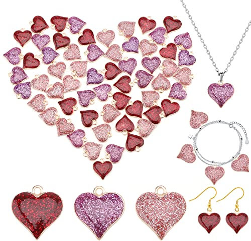 Gukasxi 60Pcs 3 Colors Enamel Heart Shape Charms Valentine's Day Glitter Heart Pendant Charms Gold Plated Heart Beads for Jewellery Making Necklace DIY Earrings Bracelet Charms