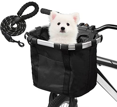 ENASGLOO Detachable Bike Basket, Dog Cat Bicycle Handlebar Front Bag Pet Carrier with 5 FT Dog Leash for Cycling, Shopping, Picnic, and Outdoor (Black 1)