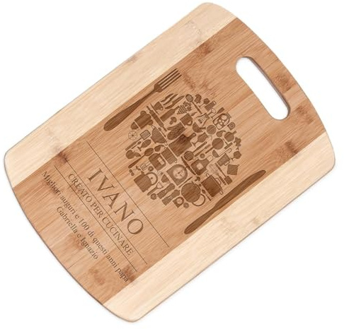 Maverton Tagliere in bambù, incisione personalizzata, eco-friendly | Dimensioni 35cm x 25cm, battilardo rettangolare con il manico, pensiero speciale per uomo, piatto forbito