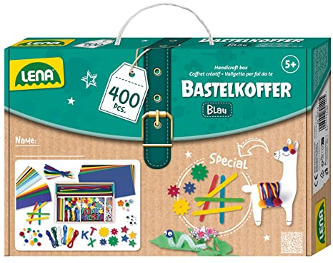 Lena 42715 Bastelkoffer Teile, Material zum Basteln mit Buntem Papier, Moosgummi, Pfeifenreiniger, Wackelaugen, Pompons, Eisstiele und mehr, für Kinder ab 5 Jahre, 400er Blau & Grün