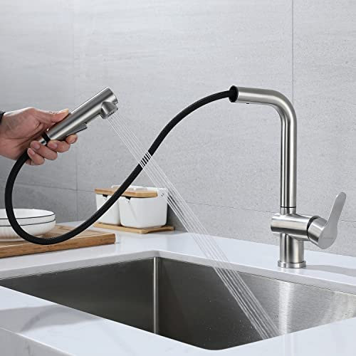 SkyPanda - Grifo de cocina con 2 modos de pulverización, giratorio en 360° con cabezal de pulverización extraíble, acero inoxidable SUS304, níquel cepillado