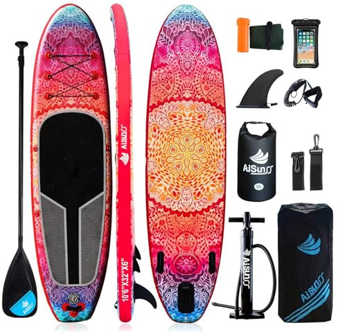AISUNSS Aufblasbares Stand Up Paddle Board mit Zubehör für SUP Paddle Board Hochwertiges SUP Paddle Board 10L Wasserdichte Tasche Breites Stabiles Design Rutschfestes Komfortables Board für