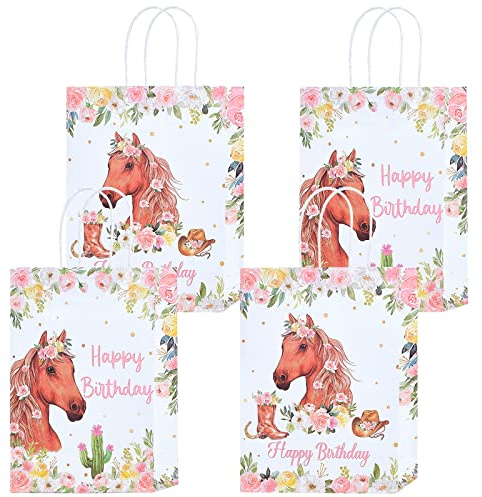 16 Stück Pferde-Geschenktüten für Partygeschenke, rosa Cowgirl-Süßigkeitentüten für Pferde-Mottoparty-Dekorationen, Western-Mädchen-Papier-Leckerli-Taschen für Geburtstag, Hochzeit, Brautparty