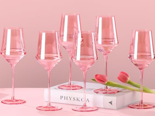 Physkoa Pink Wine Glasses Set of 6-15oz Hand Blown Crystal Colored Drinking Glasses with Long Stem, Wedding, Birthday, Pink Wine Glasses Gifts for Women