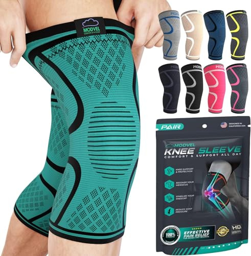 MODVEL Knee Brace Compression Sleeve – 2 Pack Support for Joint Pain Relief, ACL, Arthritis, Meniscus Tear & Best Knee Support for Sprained Ankle (M)