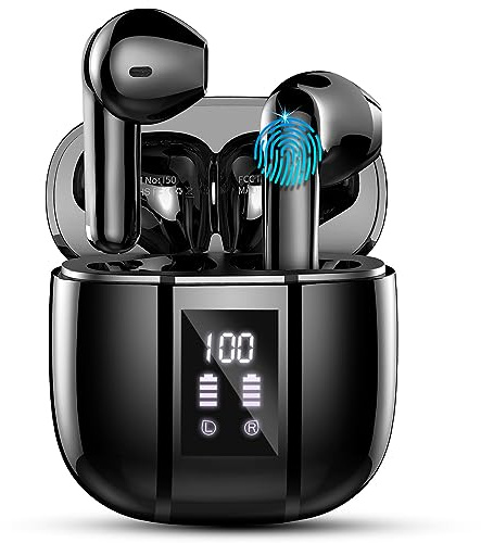 Wireless Earbuds, Renimer Bluetooth 5.3 Headphones In Ear with ENC Mic, Wireless Headphones HiFi Stereo Deep Bass Mini Ear Buds, 48H Playtime LED Display Wireless Earphones, IP7 Waterproof/USB-C Black