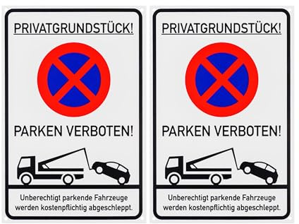 Verbotsschild Privatgrundstück Parken verboten, 2 Stück, 30 x 20 cm, 1 mm starkes PVC Schild mit Bohrlöchern, Parkplatzsperre für Innen- und Außenbereich, Parkverbot Schilder Privatparkplatz