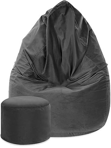 DreamRoots Sitzsack Erwachsene Samt 80x80x120 mit Hocker, Dark Shadow
