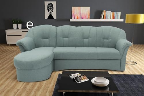 DOMO. collection Ecksofa Puno, kleines Schlafsofa in L-Form mit Longchair, Sofa, Couch mit Schlaffunktion, Schlafcouch, Polstermöbel, Eckcouch, 233 x 142 x 84 cm (BxTxH), eisblau | Longchair links mit Bettfunktion, klassisches Ecksofa in L-Form mit runden Armlehnen, 233 x 142 x 84 cm (BxTxH)