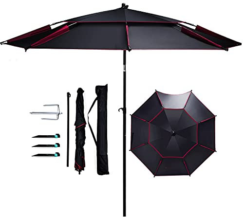 ROLTIN Grand Parasol De Pêche, Parasol De Jardin Imperméable, Parasol De Plage Anti-UV, Angle Réglable, Avec Sac De Rangement, Ventilateur Pliant Gratuit