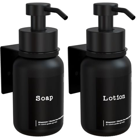 TEHEO Seifenspender Wandbefestigung Schwarz | Moderner Glas Seifenspender 250ml | Kleben oder Bohren | Flüssigseifenspender für Handseife Shampoo Spülmittel Duschgel [2 Stück]