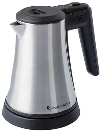 PRESENT-MORE - Bollitore Elettrico Grigio in Acciaio Inox - 0,8L - 800-1000W - Ebollizione Rapida - Coperchio a Molla, Spia Luminosa, Base Girevole