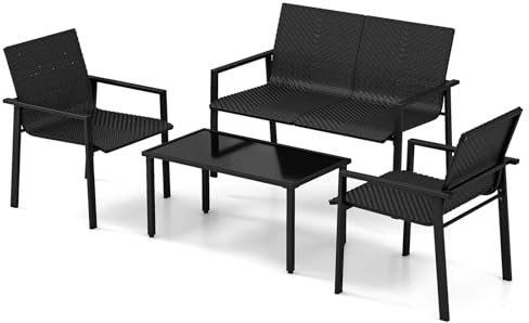 LIFEZEAL Gartenmöbel 4er Set, Terrassenmöbel-Set PE-Rattan mit Kaffeetisch aus Glas & 2 Rattanstühlen & 1 Doppelstuhl, Sitzgruppe mit Gartenbank für Veranda, Balkon und Hinterhof (Schwarz)