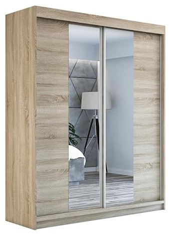 A&J MöbelLand Schwebetürenschrank ELEGANZA Kleiderschrank 2-türig mit Schubladen und Spiegel, Garderobe 180 cm (Sonoma)