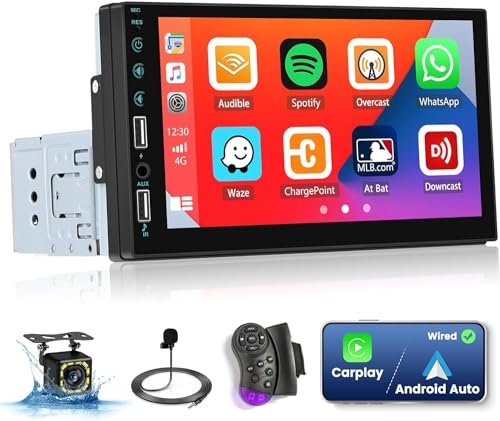 Hikity Single Din Car Stereo Carplay Android Auto 7 Inch Car Play Touchscreen Radio GPS Navigation Bluetooth FM Backup Camera