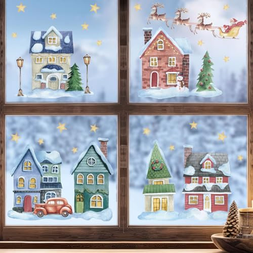 6 Fogli Vetrofanie Natalizie per Finestre, Adesivi Natalizi per Finestre Albero di Natale Casetta Stella, Sticker Natalizi Decorazione Addobbi Vetrina Vetro Natale