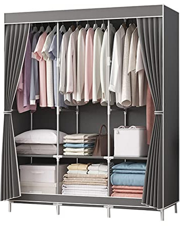 TONZN Canvas-Kleiderschrank, tragbarer Stoffgarderobe mit Kleiderstange und Regalen, Grau - 128 x 45 x 170 cm (Grau 128 x 45 x 170 cm)
