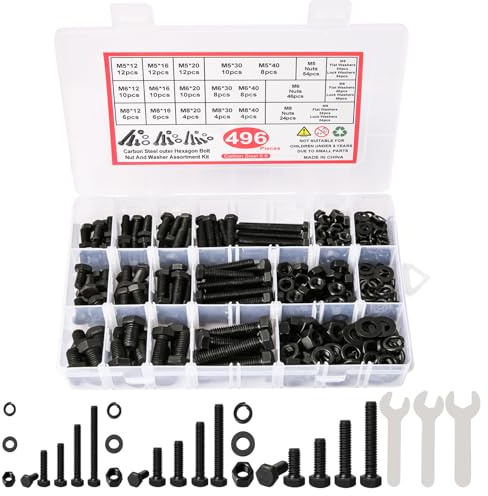CYLBAQ M5 M6 M8 Hex Bolts and Nuts Set, 496PCS Heavy Duty Bolts and Nuts Assortment Kit, Carbon Steel Black Machine Screws Flat Hex Head Bolt Nut and Washers Set Kit
