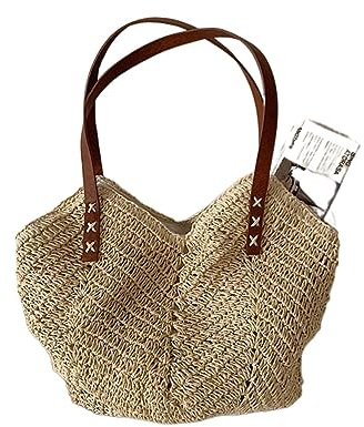 ZACUNXY Strohtasche，Strohtaschen Damen Handgewebte Frauen Schulterhandtasche Sommer Stroh Beach Tragetasche Reise Shopper Weben Einkaufstaschen(Beige)